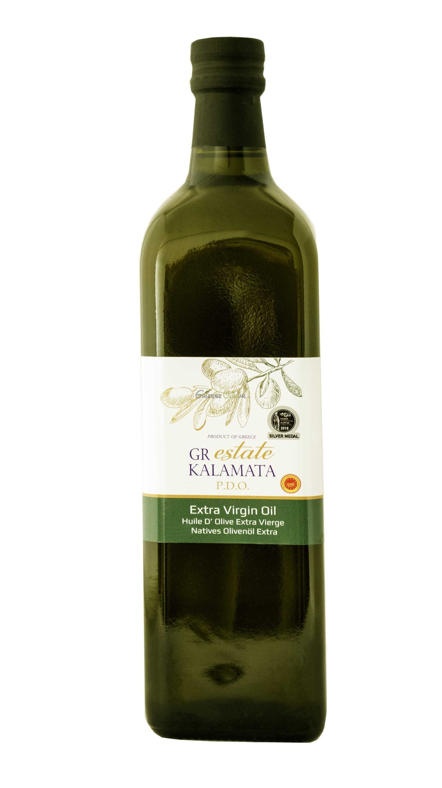 Extra Vergine Olijfolie uit Kalamata 1 liter in glazen fles - oogst 2021-2022